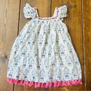 Roller Rabbit Girl’s White + Blue Ruffled Sundress w/Embroidered Flowers Size 4